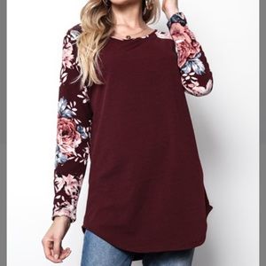 Burgundy Floral-Sleeve Crewneck